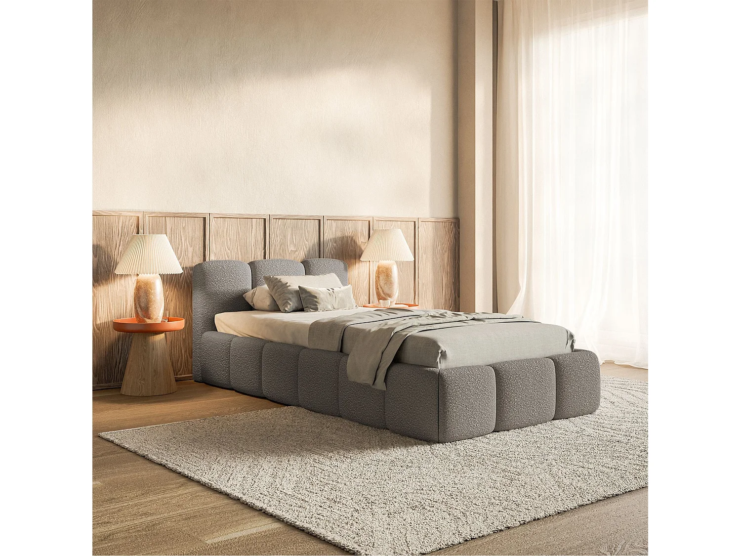 Gestoffeerd bed 90x200 cm – Bouclé Grijs – CLOUDY LOW