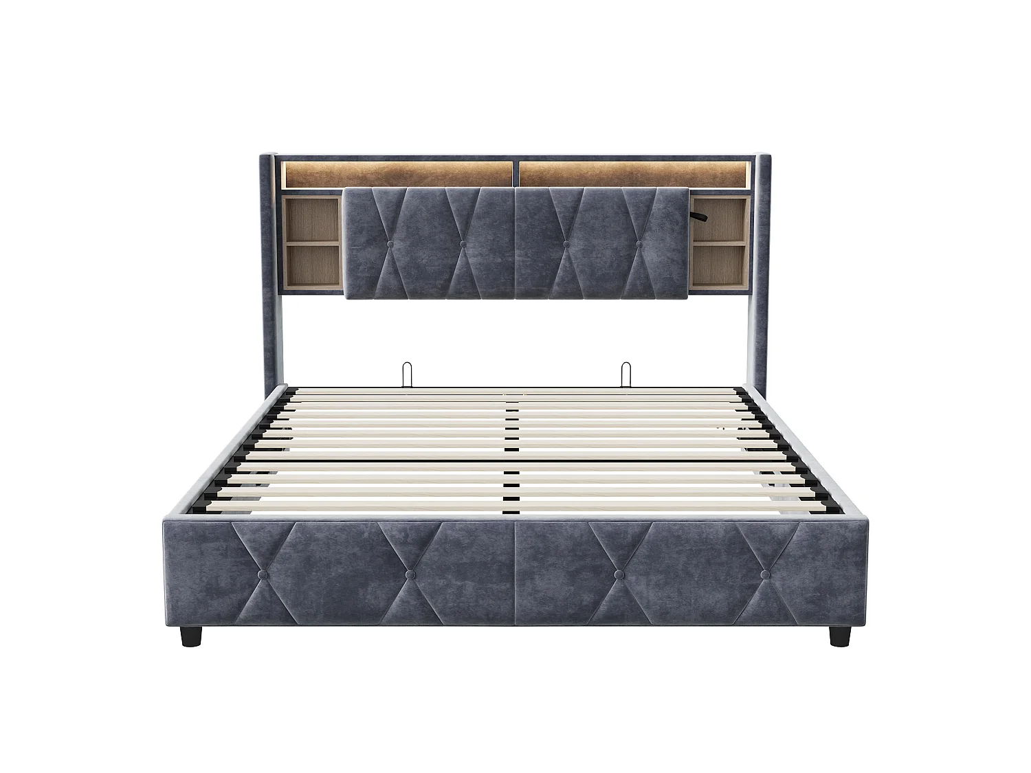 Lit Coffre 160x200cm avec LED et USB Type-C et Prise, Lit Double Adulte en Velours, Tête de Lit avec Rangements, Sommier à Lattes, Gris
