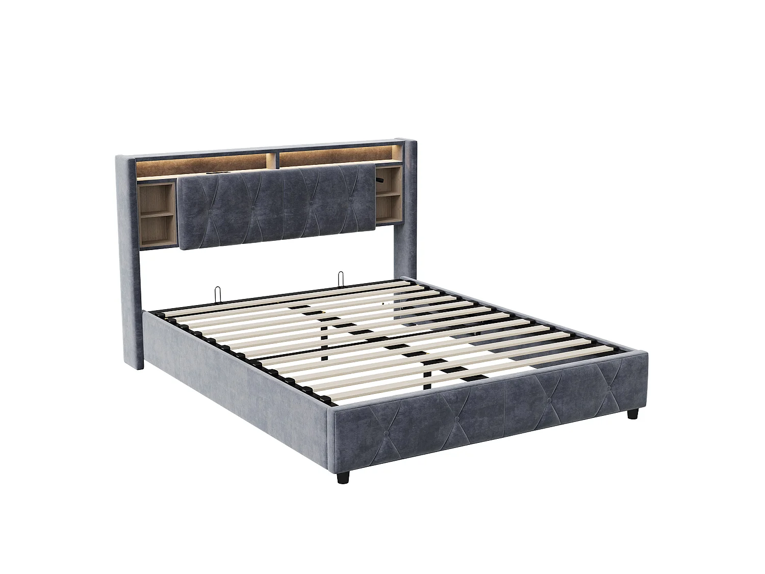 Lit Coffre 160x200cm avec LED et USB Type-C et Prise, Lit Double Adulte en Velours, Tête de Lit avec Rangements, Sommier à Lattes, Gris