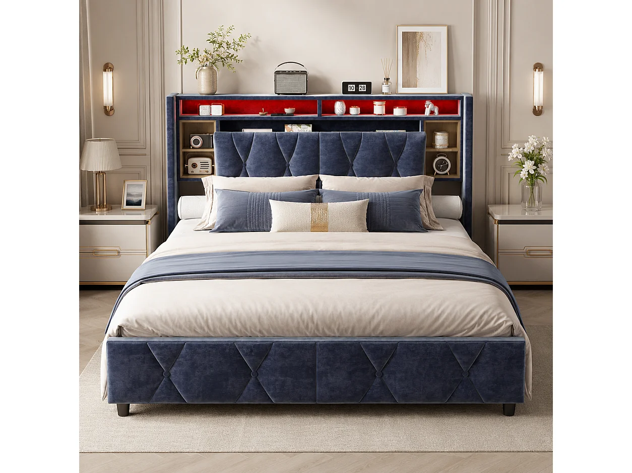 Lit Coffre 160x200cm avec LED et USB Type-C et Prise, Lit Double Adulte en Velours, Tête de Lit avec Rangements, Sommier à Lattes, Gris