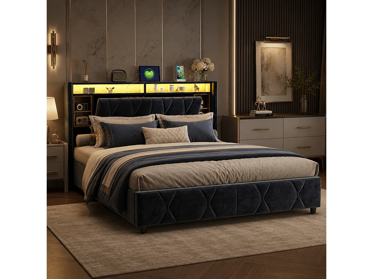 Lit Coffre 160x200cm avec LED et USB Type-C et Prise, Lit Double Adulte en Velours, Tête de Lit avec Rangements, Sommier à Lattes, Gris
