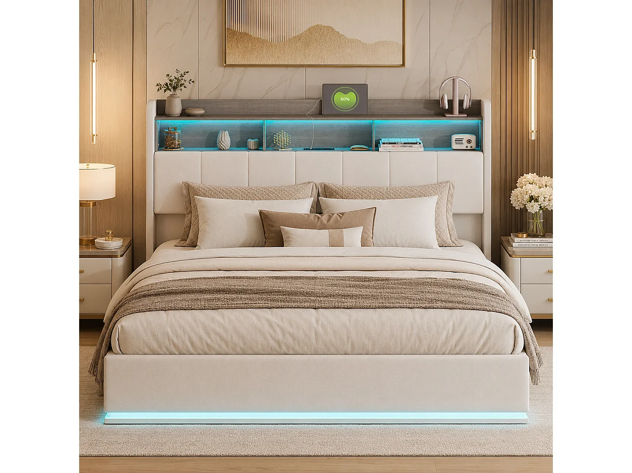 Lit Coffre 140x200 cm, Lit Double avec LED, Tête de Lit avec Rangement, Prises USB, Coffre Hydraulique, Velours, pour Adultes et Adolescents, Beige