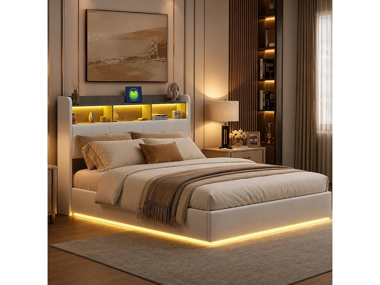 Lit Coffre 140x200 cm, Lit Double avec LED, Tête de Lit avec Rangement, Prises USB, Coffre Hydraulique, Velours, pour Adultes et Adolescents, Beige