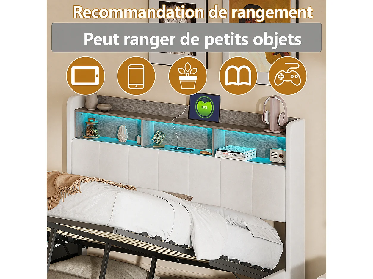 Lit Coffre 140x200 cm, Lit Double avec LED, Tête de Lit avec Rangement, Prises USB, Coffre Hydraulique, Velours, pour Adultes et Adolescents, Beige