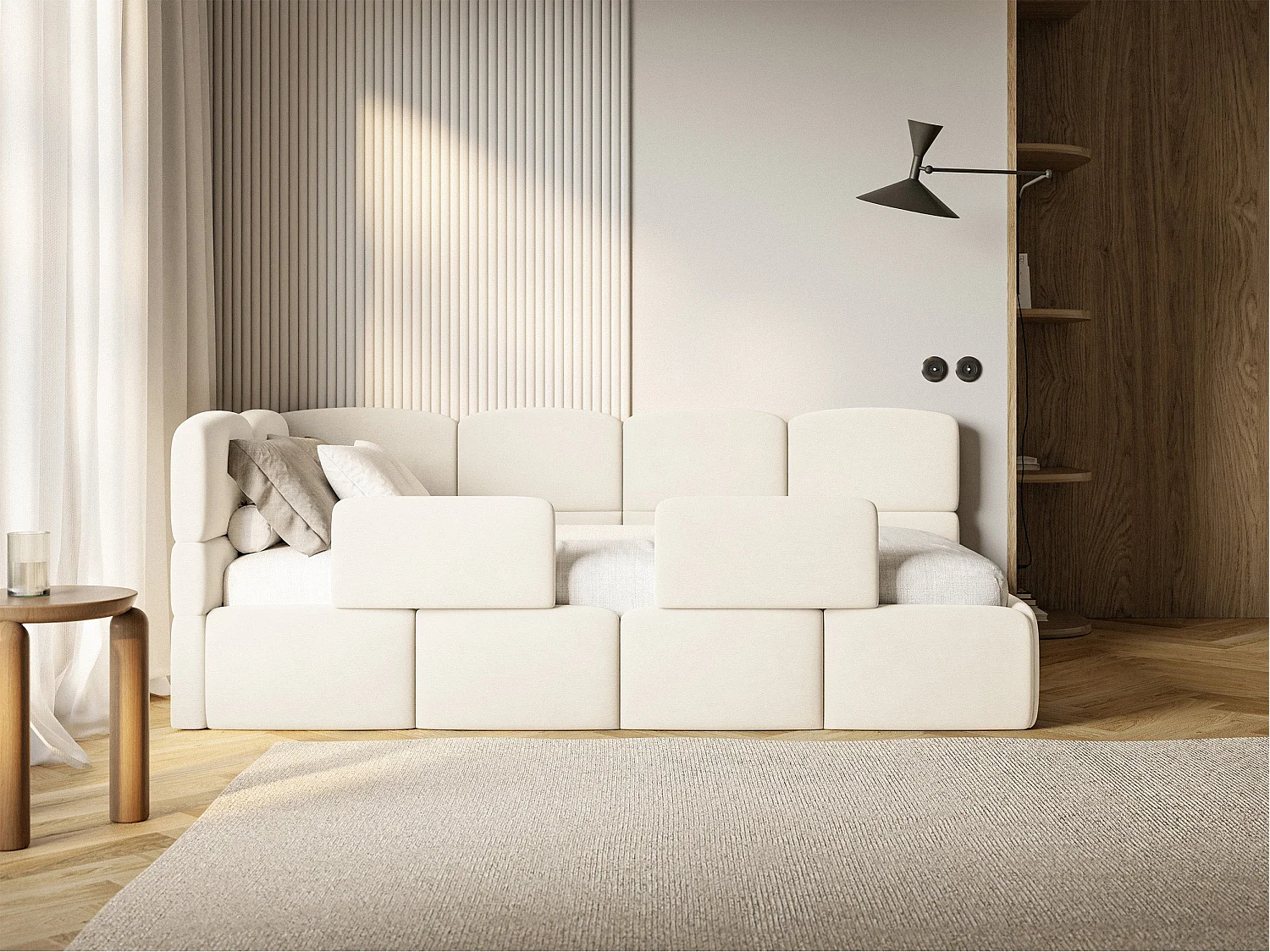 Lit enfant 90x200 – barrière – tête de lit à gauche – velours Crème – CLOUDY