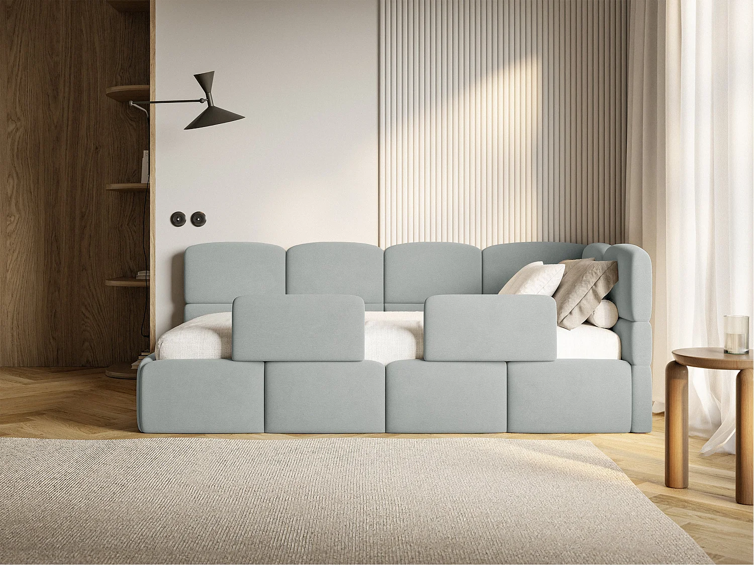 Lit enfant 90x200 – avec matelas & barrière – tête de lit à droite – velours Gris – CLOUDY