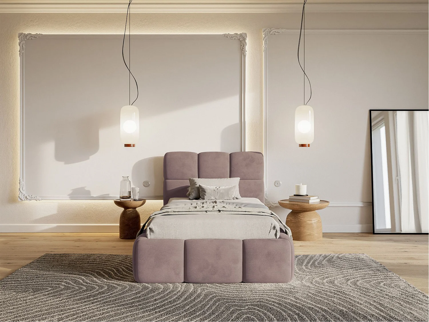 Lit rembourré 90x200 – Velours Rose clair – CLOUDY