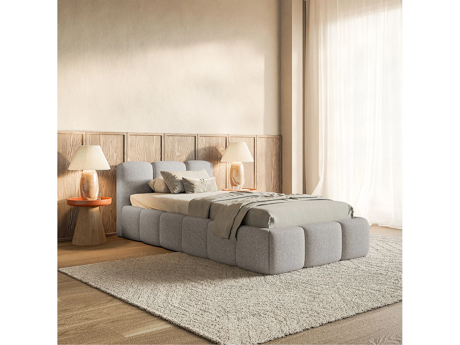 Gestoffeerd bed 90x200 cm – Chenille Lichtgrijs – CLOUDY LOW