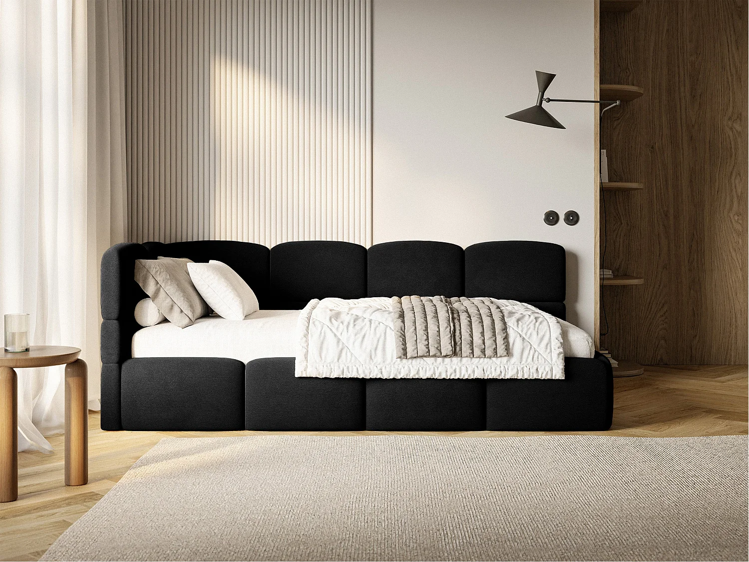 Lit ado 90x200 – tête de lit à gauche – velours Noir – CLOUDY