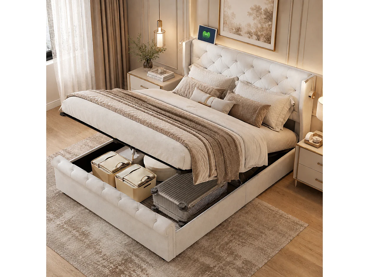 Lit Coffre 140x190 cm avec LED et Ports USB, Lit Double à Rangement hydraulique, sommier à Lattes, Design Moderne pour Adultes et Adolescents, Beige