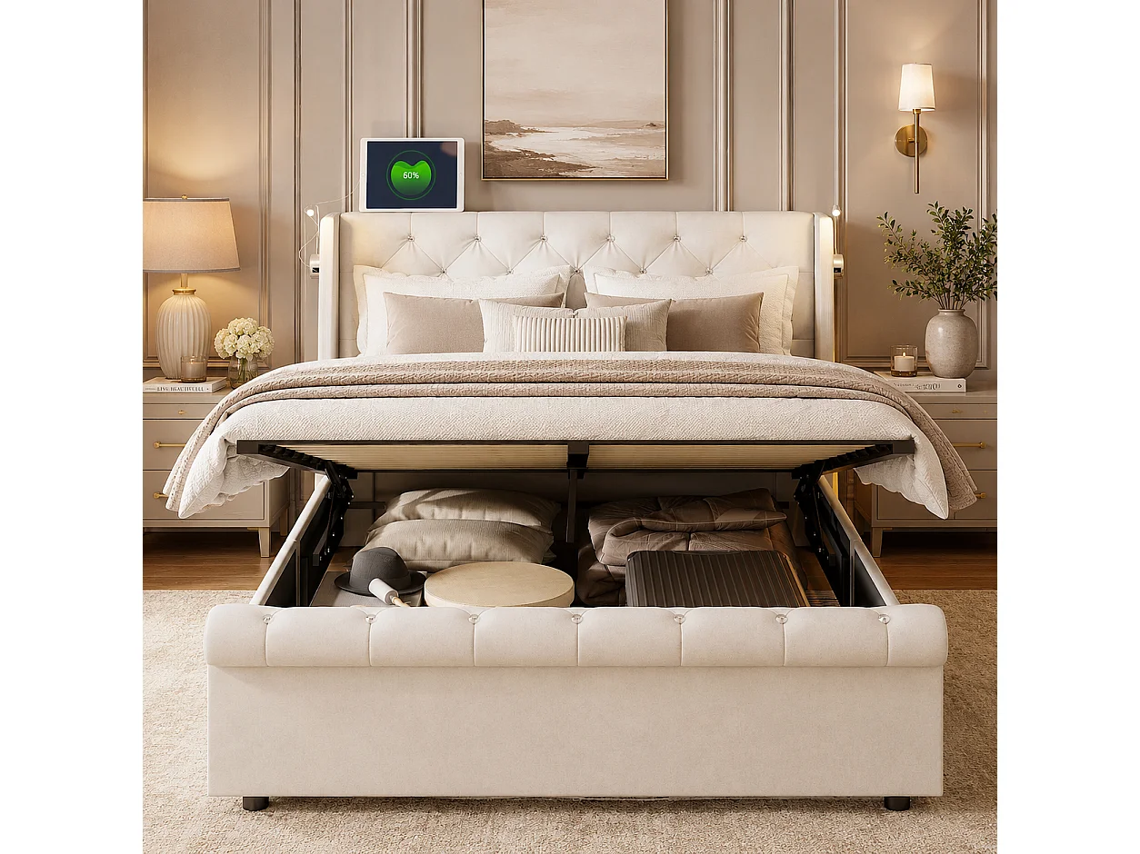 Lit Coffre 140x190 cm avec LED et Ports USB, Lit Double à Rangement hydraulique, sommier à Lattes, Design Moderne pour Adultes et Adolescents, Beige