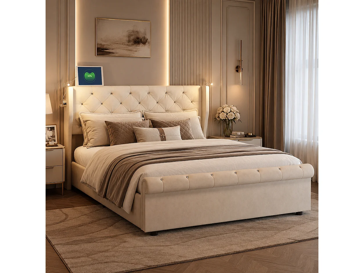 Lit Coffre 140x190 cm avec LED et Ports USB, Lit Double à Rangement hydraulique, sommier à Lattes, Design Moderne pour Adultes et Adolescents, Beige