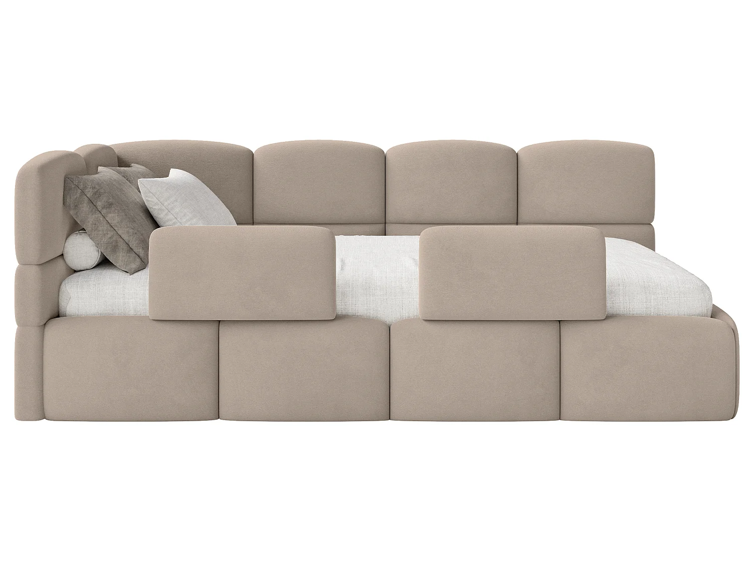 Lit enfant 90x200 – avec matelas & barrière – tête de lit à gauche – velours Beige – CLOUDY