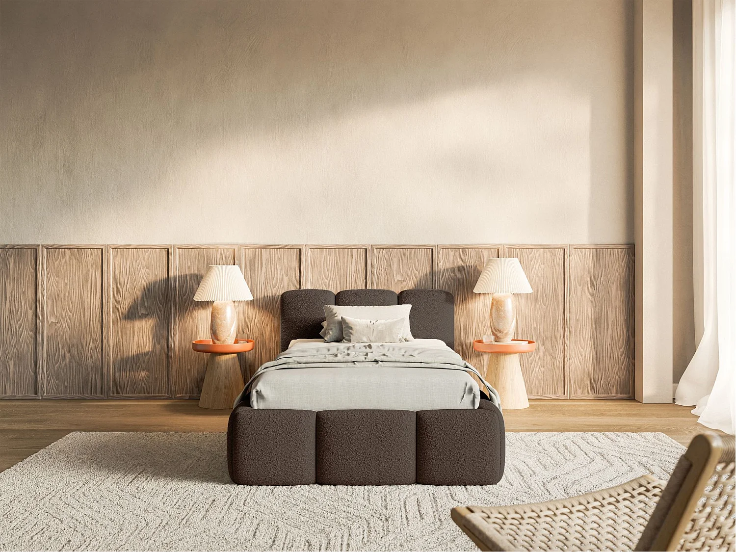 Lit rembourré 90x200 – avec coffre – Bouclé Marron – CLOUDY LOW