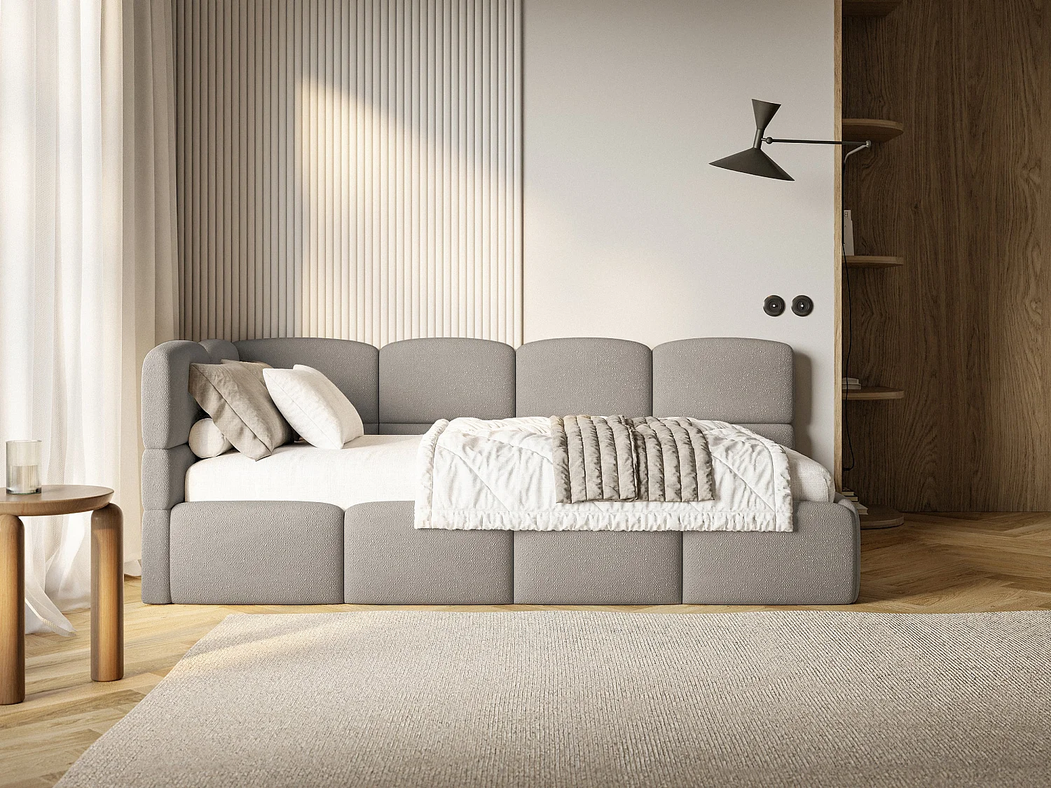 Tienerbed 120x200 – bouclé – lichtbruin – links – CLOUDY