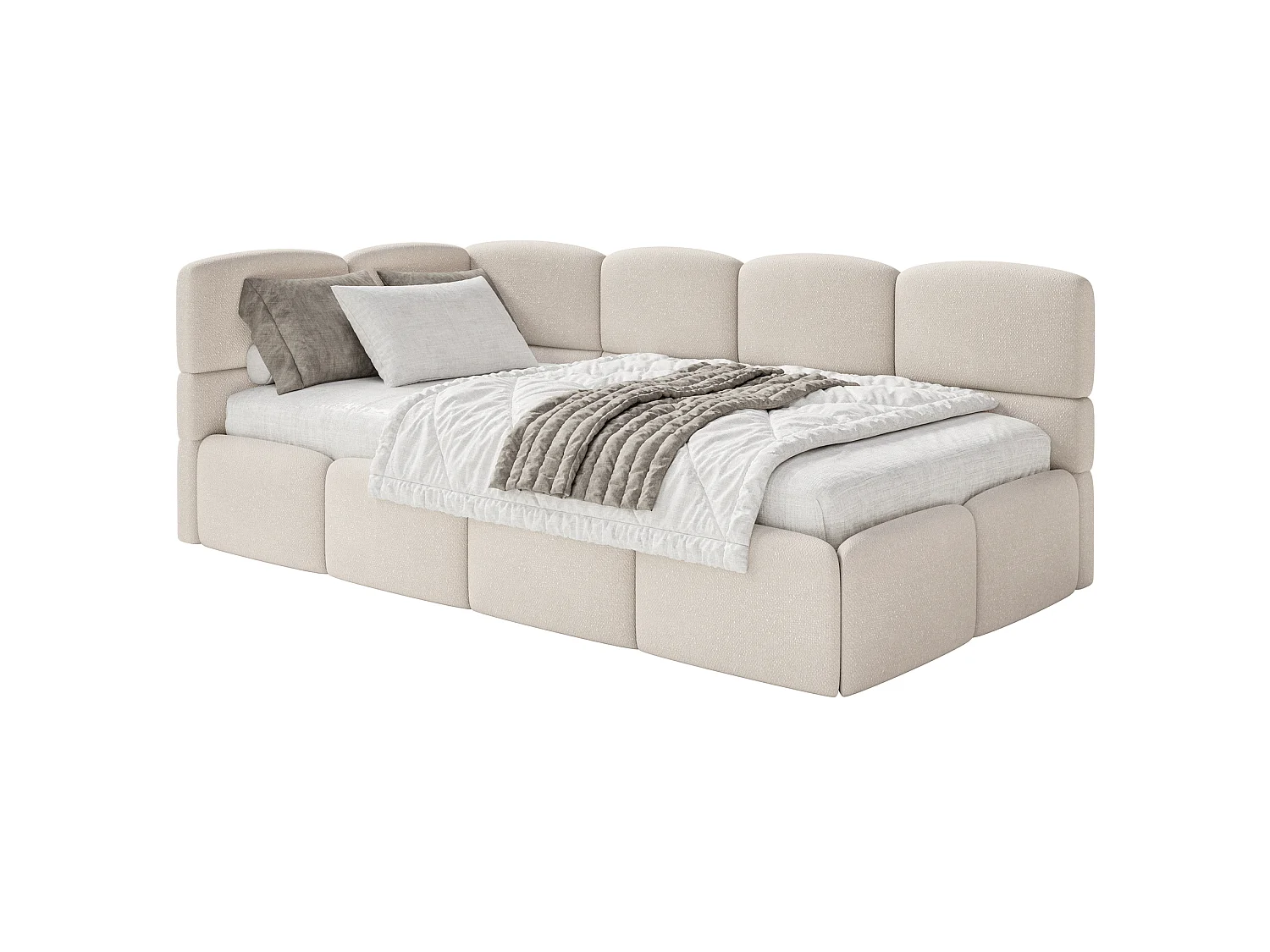 Jugendbett 120x200 Kopfteil links – Matratze & Stauraum – Chenille Cremeweiß – CLOUDY