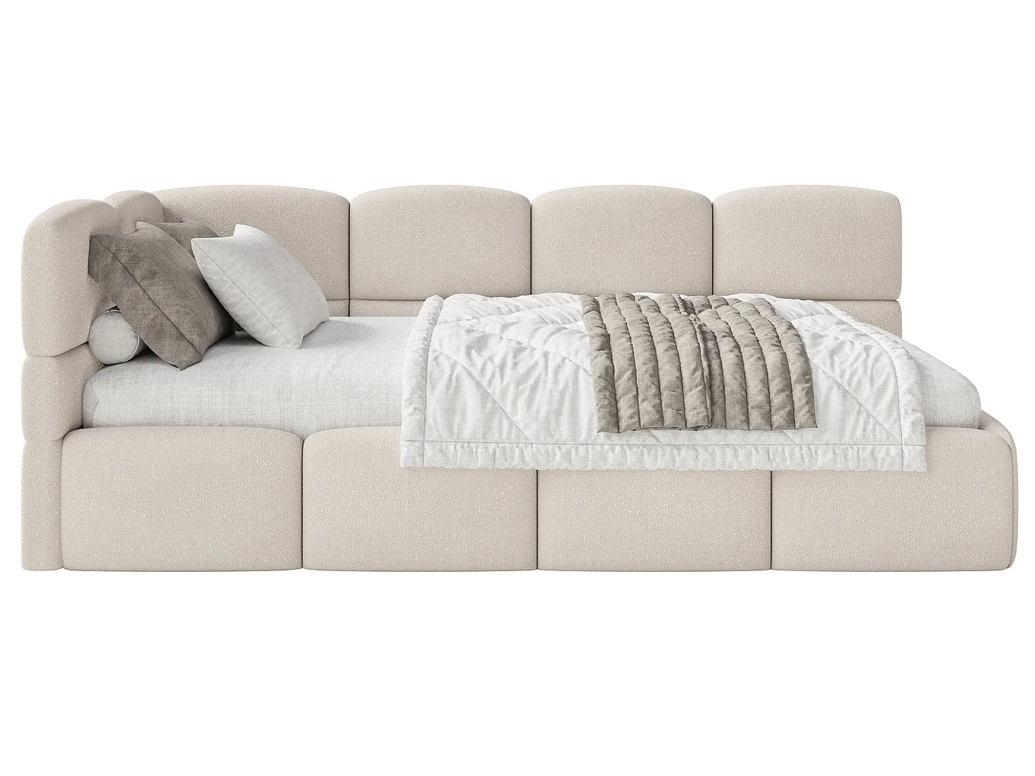 Jugendbett 120x200 Kopfteil links – Matratze & Stauraum – Chenille Cremeweiß – CLOUDY