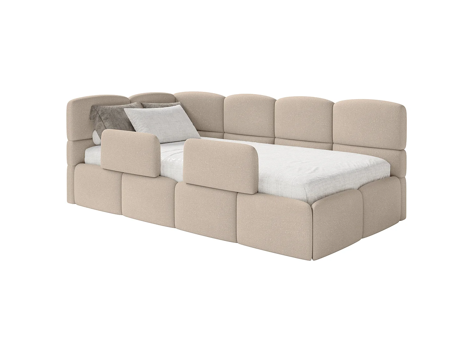 Kinderbett 120x200 Kopfteil links – Matratze & Stauraum – Chenille Beige – CLOUDY