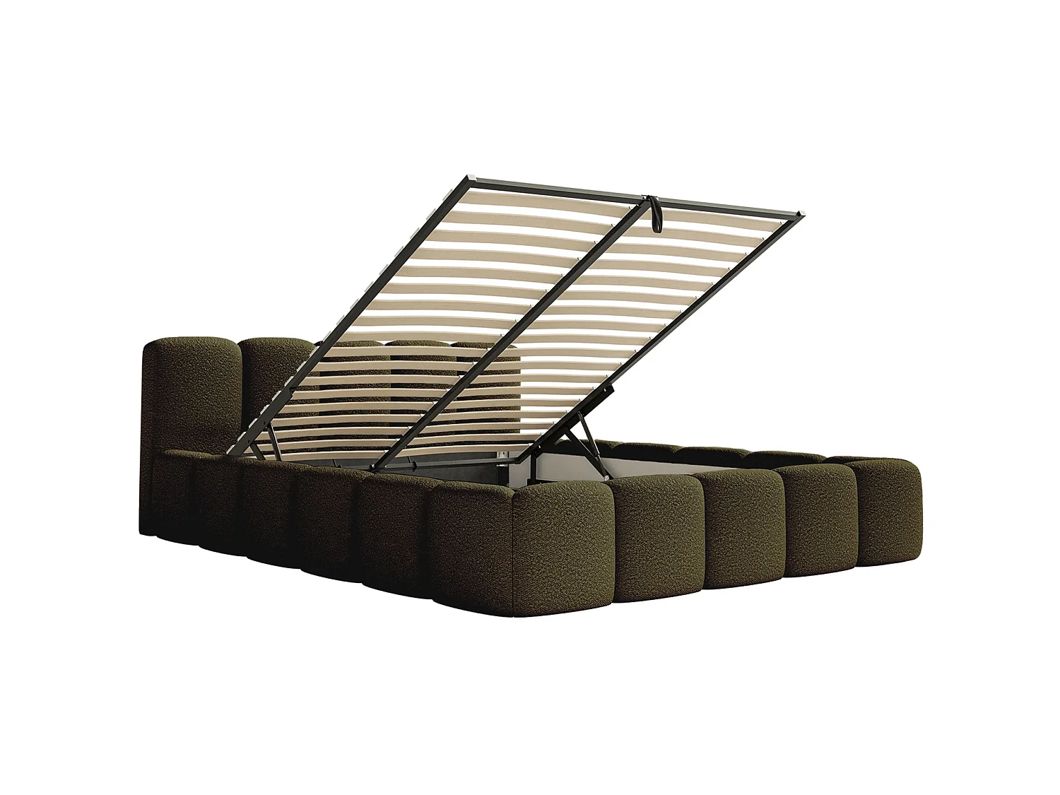 Lit rembourré 120x200 – avec coffre – Bouclé Vert olive – CLOUDY LOW