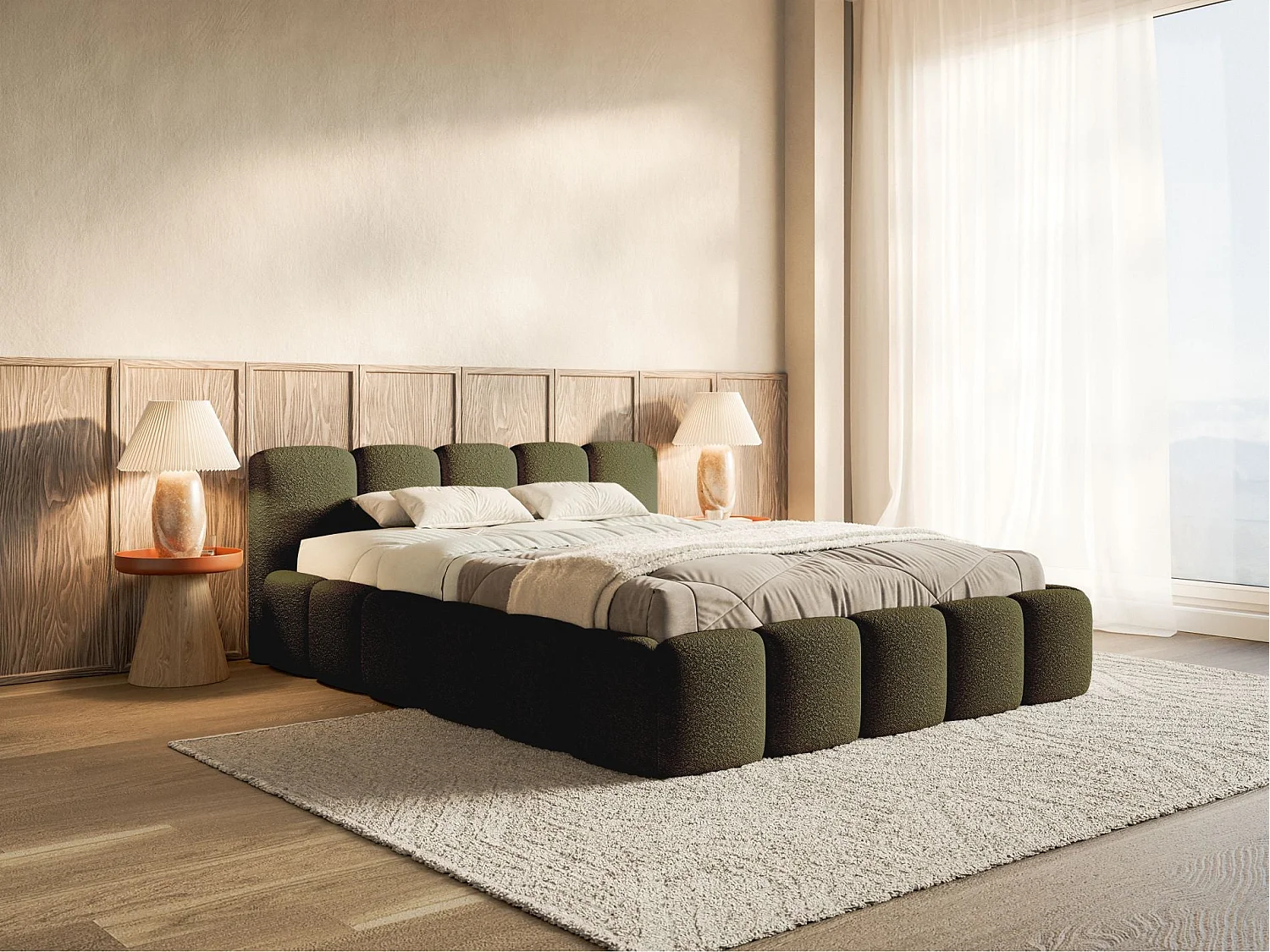Lit rembourré 120x200 – avec coffre – Bouclé Vert olive – CLOUDY LOW