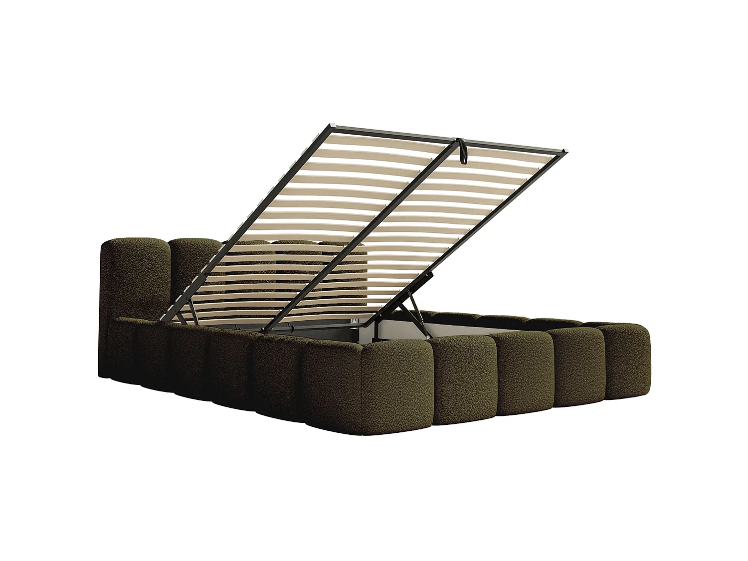 Lit rembourré 120x200 – avec coffre – Bouclé Vert olive – CLOUDY LOW