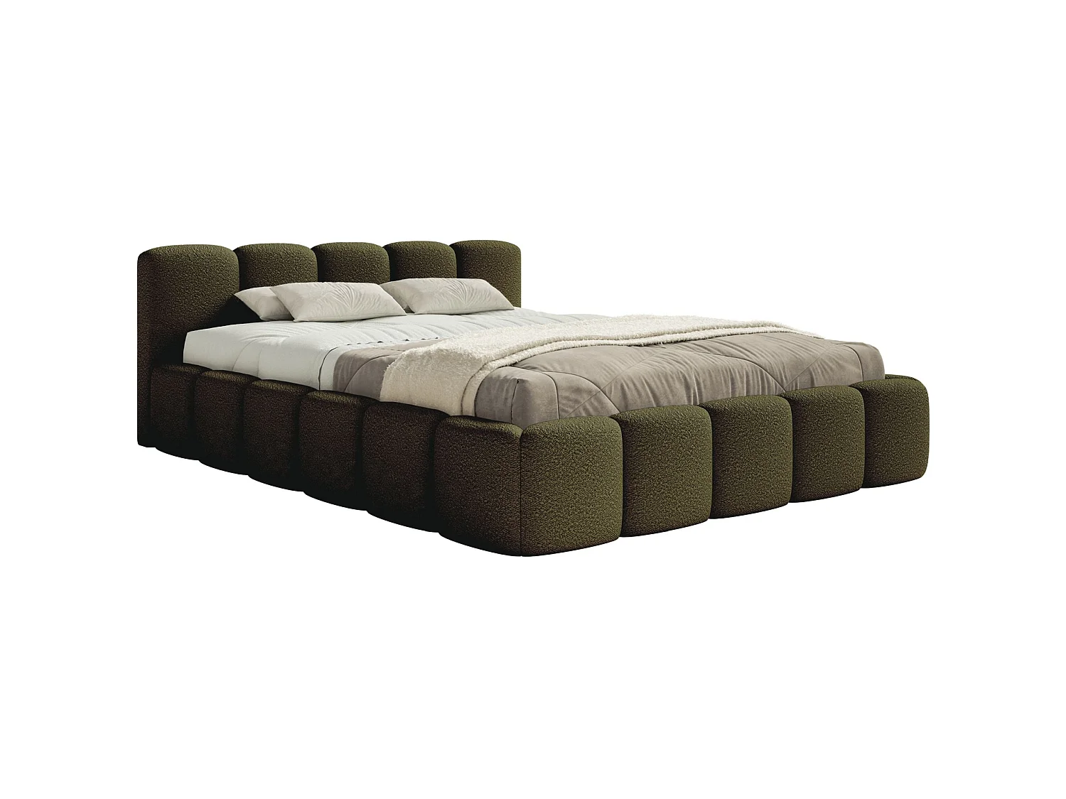 Lit rembourré 120x200 – avec coffre – Bouclé Vert olive – CLOUDY LOW