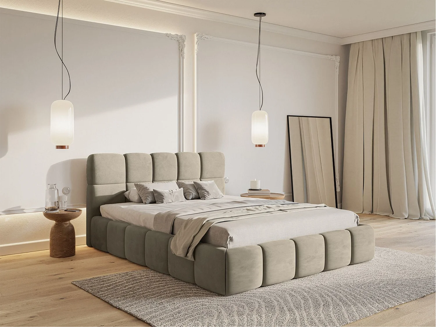Gestoffeerd bed 120x200 – met opbergruimte – Fluweel Grijsbeige – Cloudy