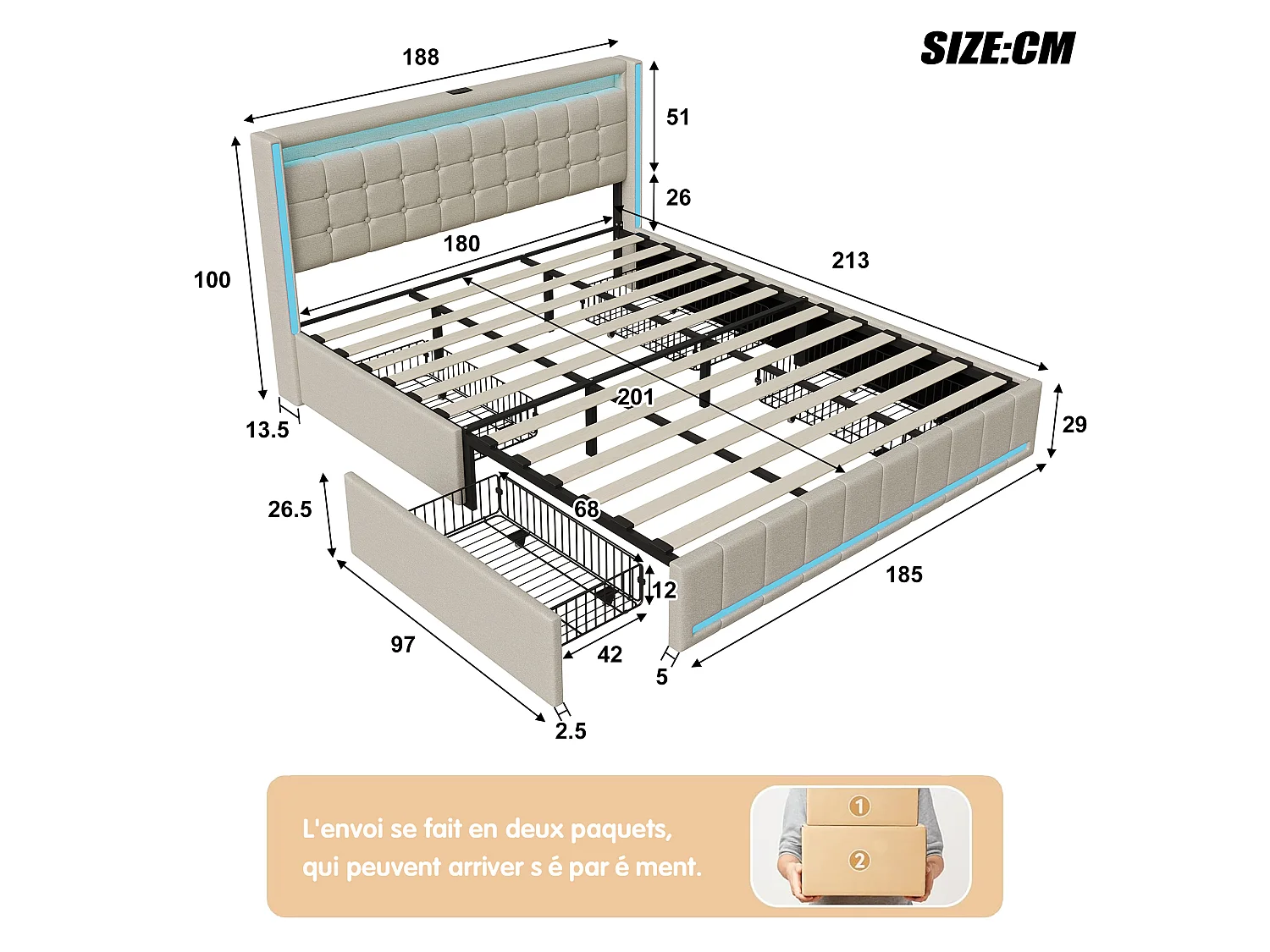 Lit Coffre 180x200 cm, lit rembourré avec 4 tiroirs, tête de lit avec éclairage LED et Charge USB, lit Double avec Espace de Rangement, Lin, Beige