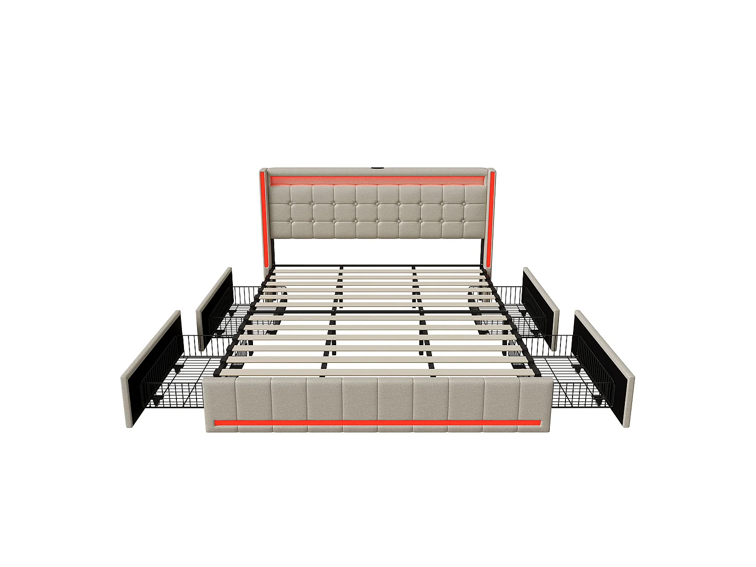 Lit Coffre 180x200 cm, lit rembourré avec 4 tiroirs, tête de lit avec éclairage LED et Charge USB, lit Double avec Espace de Rangement, Lin, Beige