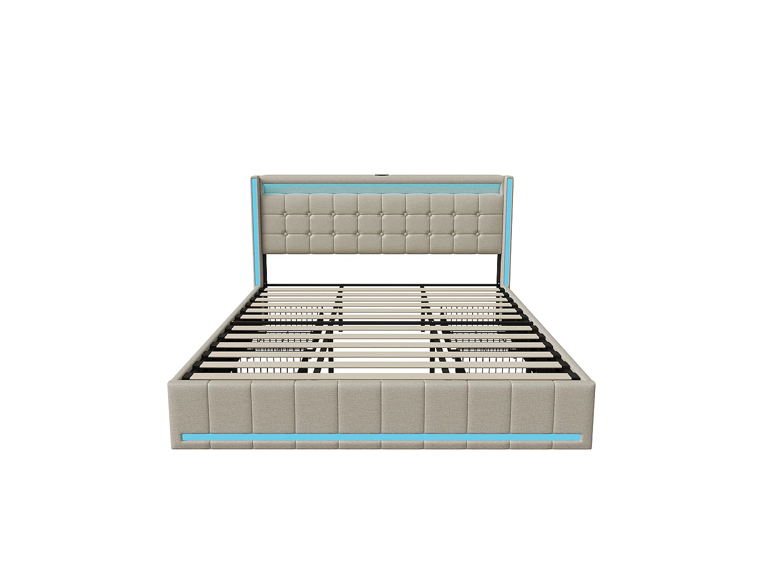 Lit Coffre 180x200 cm, lit rembourré avec 4 tiroirs, tête de lit avec éclairage LED et Charge USB, lit Double avec Espace de Rangement, Lin, Beige