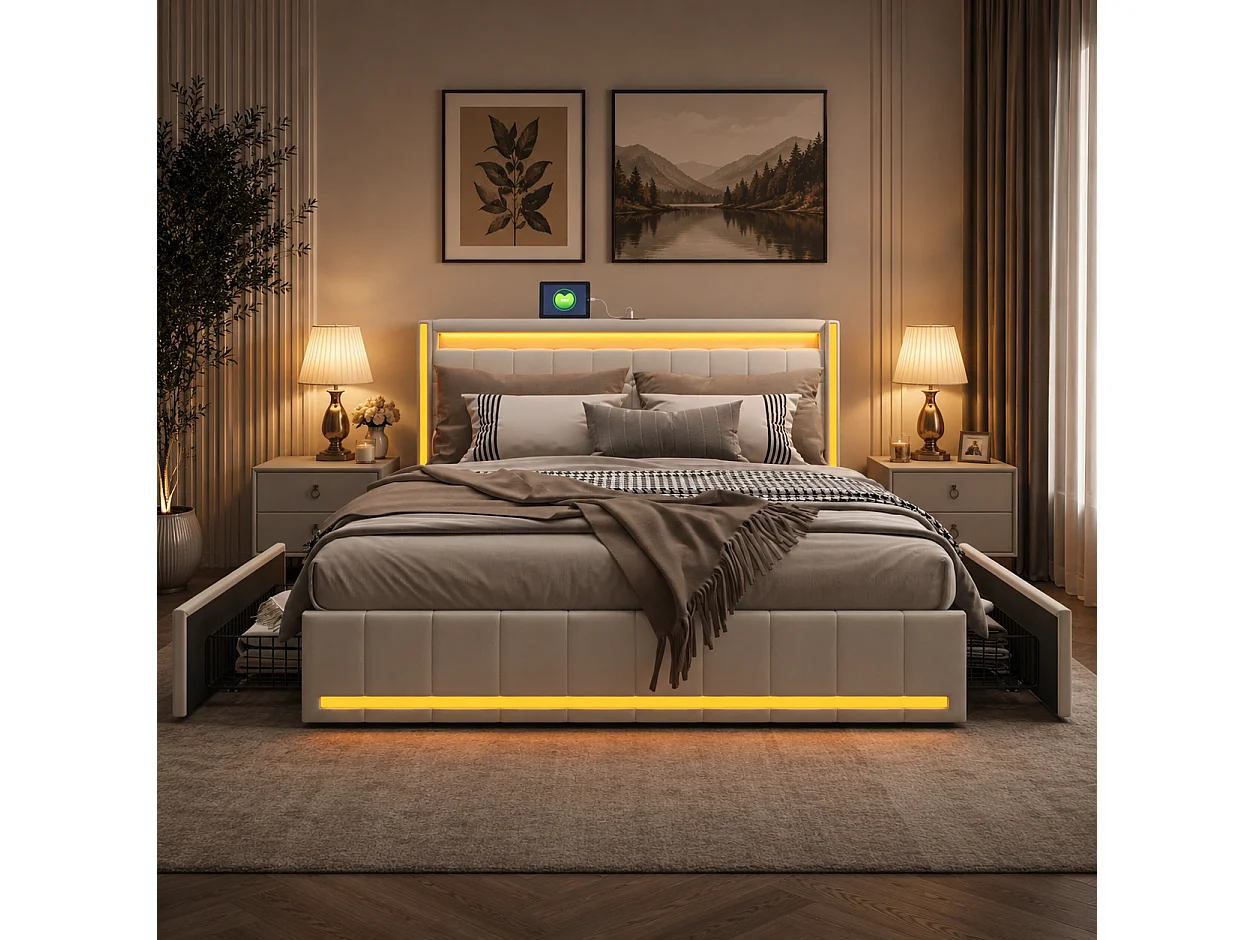 Lit Coffre 180x200 cm, lit rembourré avec 4 tiroirs, tête de lit avec éclairage LED et Charge USB, lit Double avec Espace de Rangement, Lin, Beige