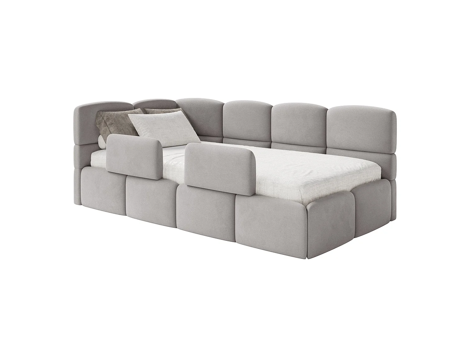 Lit enfant 120x200 cm – tête de lit à gauche – 2 barrières – velours gris clair – CLOUDY