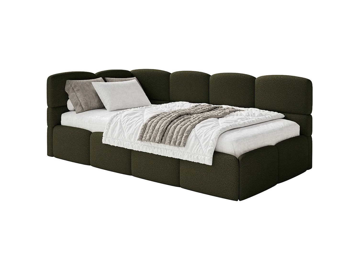 Lit ado 120x200 cm – tête de lit à gauche – bouclé vert olive – CLOUDY