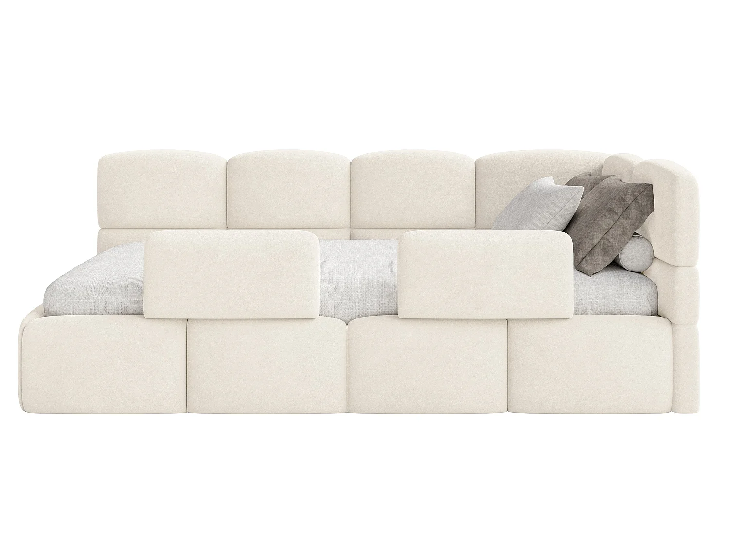 Lit enfant 90x200 – barrière – tête de lit à droite – velours Crème – CLOUDY