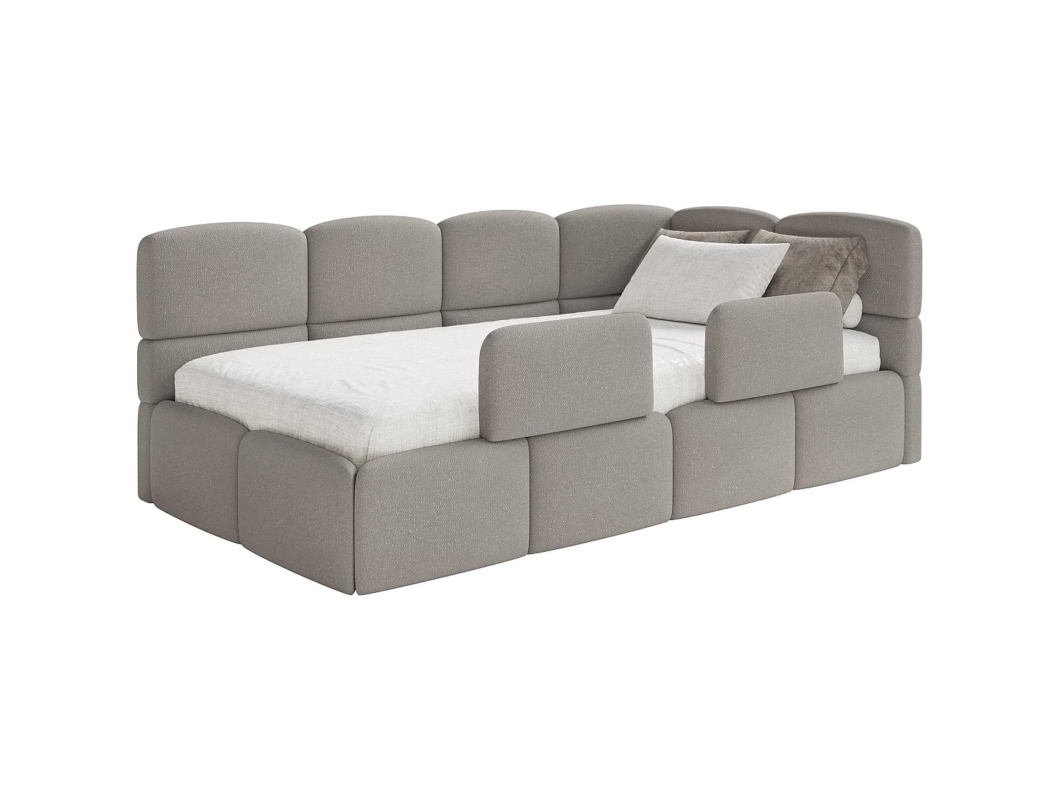 Kinderbett 120 cm – Bettkasten – 2x Rausfallschutz – Chenille – rechts – HellBraun – CLOUDY