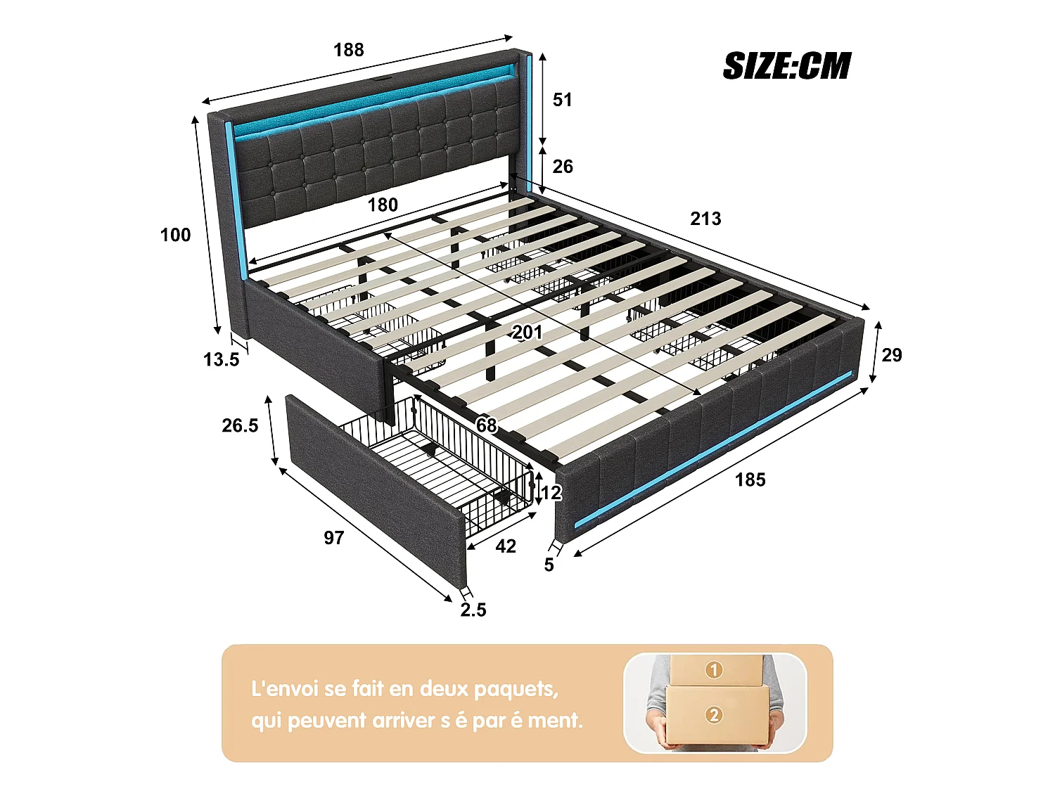 Lit Double 180x200 avec Sommier LED et USB, lit rembourré avec sommier à Lattes et 4 Tiroirs,lit 2 Personnes pour Adultes et Adolescents,lit Coffre, Lin, Gris foncé