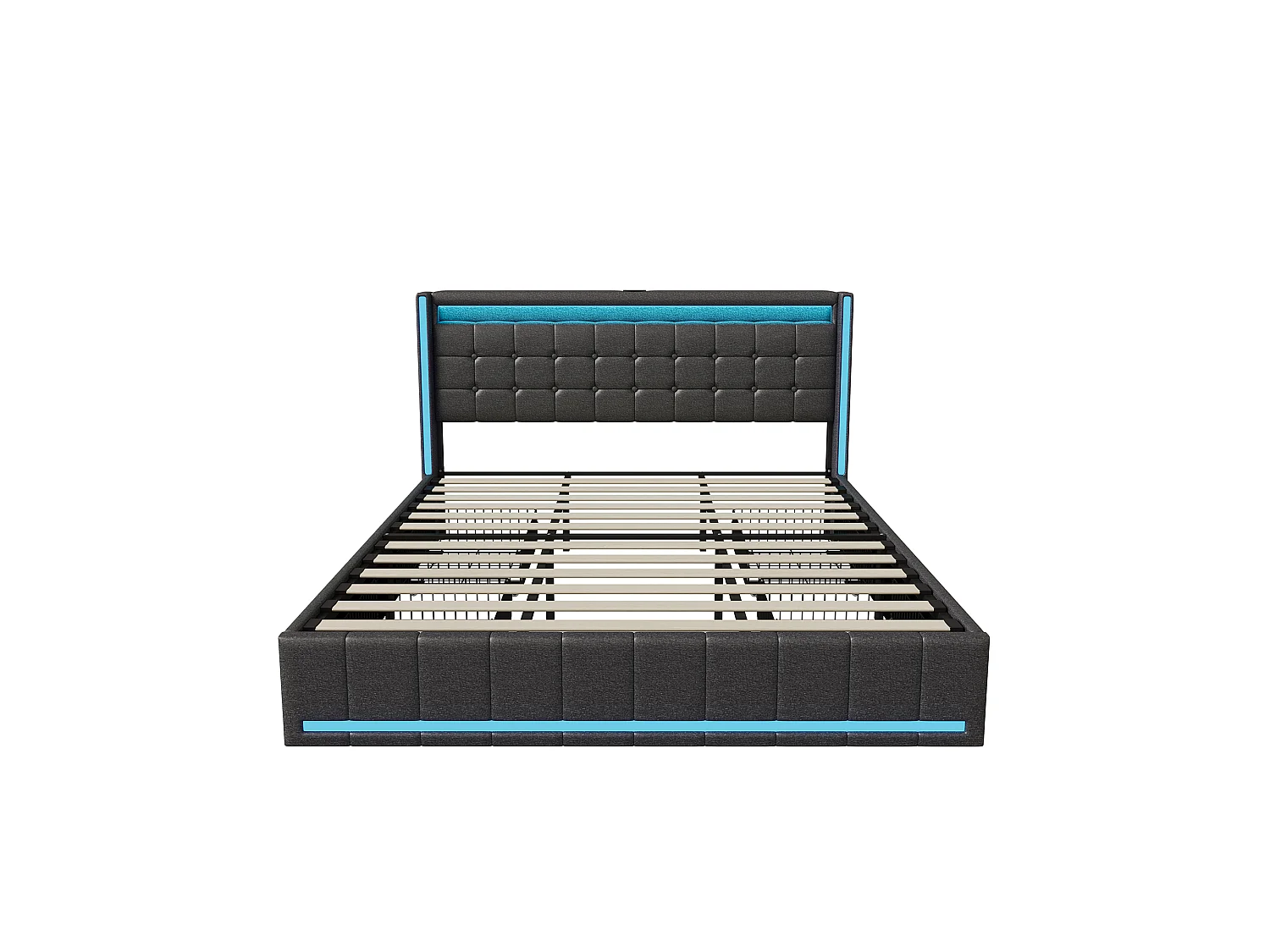 Lit Double 180x200 avec Sommier LED et USB, lit rembourré avec sommier à Lattes et 4 Tiroirs,lit 2 Personnes pour Adultes et Adolescents,lit Coffre, Lin, Gris foncé
