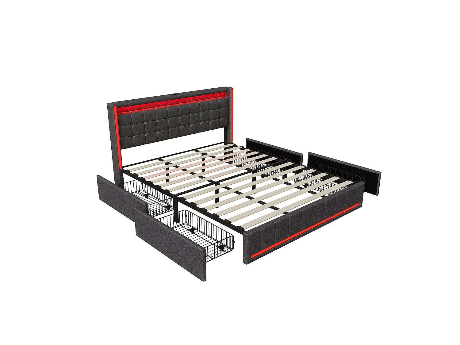 Lit Double 180x200 avec Sommier LED et USB, lit rembourré avec sommier à Lattes et 4 Tiroirs,lit 2 Personnes pour Adultes et Adolescents,lit Coffre, Lin, Gris foncé
