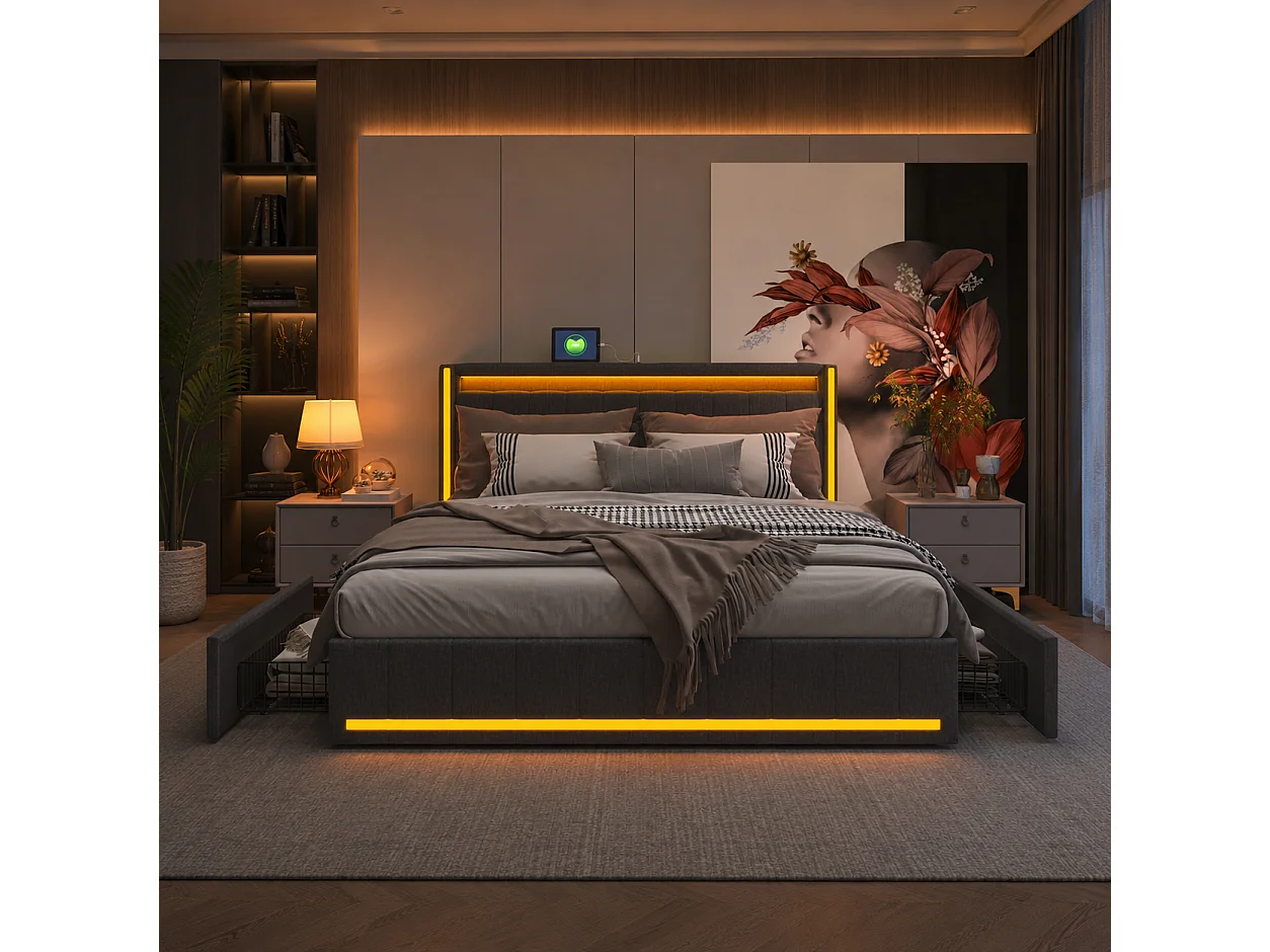 Lit Double 180x200 avec Sommier LED et USB, lit rembourré avec sommier à Lattes et 4 Tiroirs,lit 2 Personnes pour Adultes et Adolescents,lit Coffre, Lin, Gris foncé