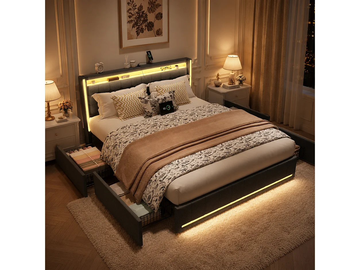 Lit Double 180x200 avec Sommier LED et USB, lit rembourré avec sommier à Lattes et 4 Tiroirs,lit 2 Personnes pour Adultes et Adolescents,lit Coffre, Lin, Gris foncé