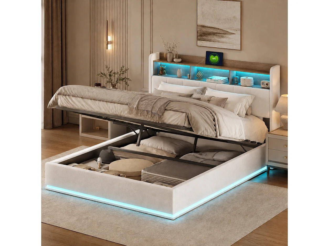 Lit Coffre 160x200 cm, Lit Double avec LED, Tête de Lit avec Rangement, Prises USB, Coffre Hydraulique, Velours, pour Adultes et Adolescents, Beige