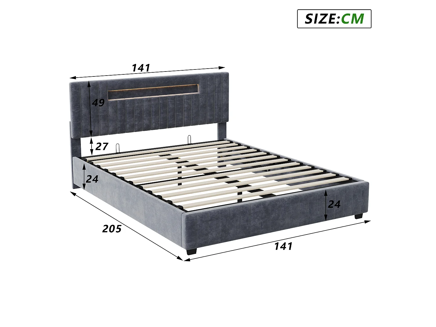 Lit Coffre 140x200 cm, Lit Double avec éclairage LED et Tête de lit avec rangement, sans matelas, pour Adultes et Adolescents, Velours, Gris