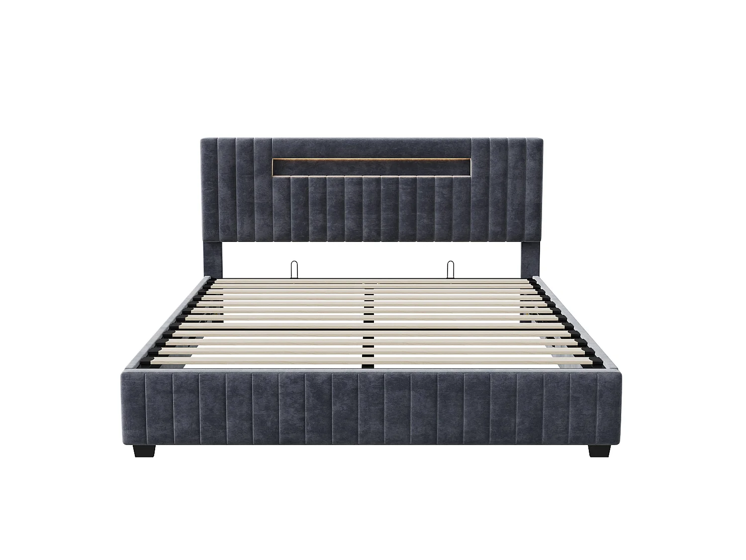 Lit Coffre 140x200 cm, Lit Double avec éclairage LED et Tête de lit avec rangement, sans matelas, pour Adultes et Adolescents, Velours, Gris