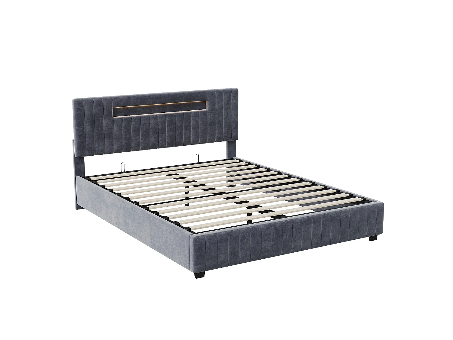 Lit Coffre 140x200 cm, Lit Double avec éclairage LED et Tête de lit avec rangement, sans matelas, pour Adultes et Adolescents, Velours, Gris