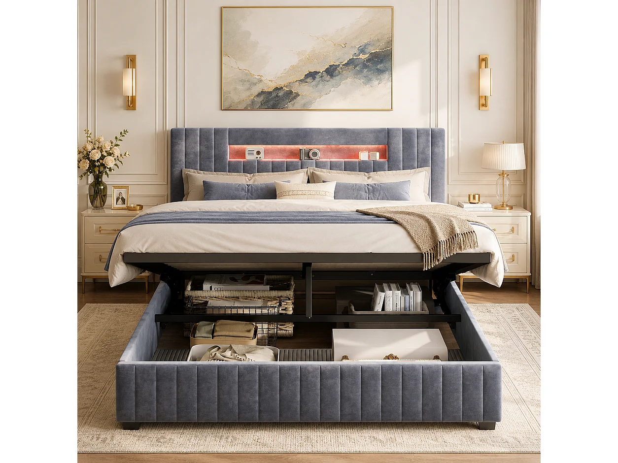 Lit Coffre 140x200 cm, Lit Double avec éclairage LED et Tête de lit avec rangement, sans matelas, pour Adultes et Adolescents, Velours, Gris