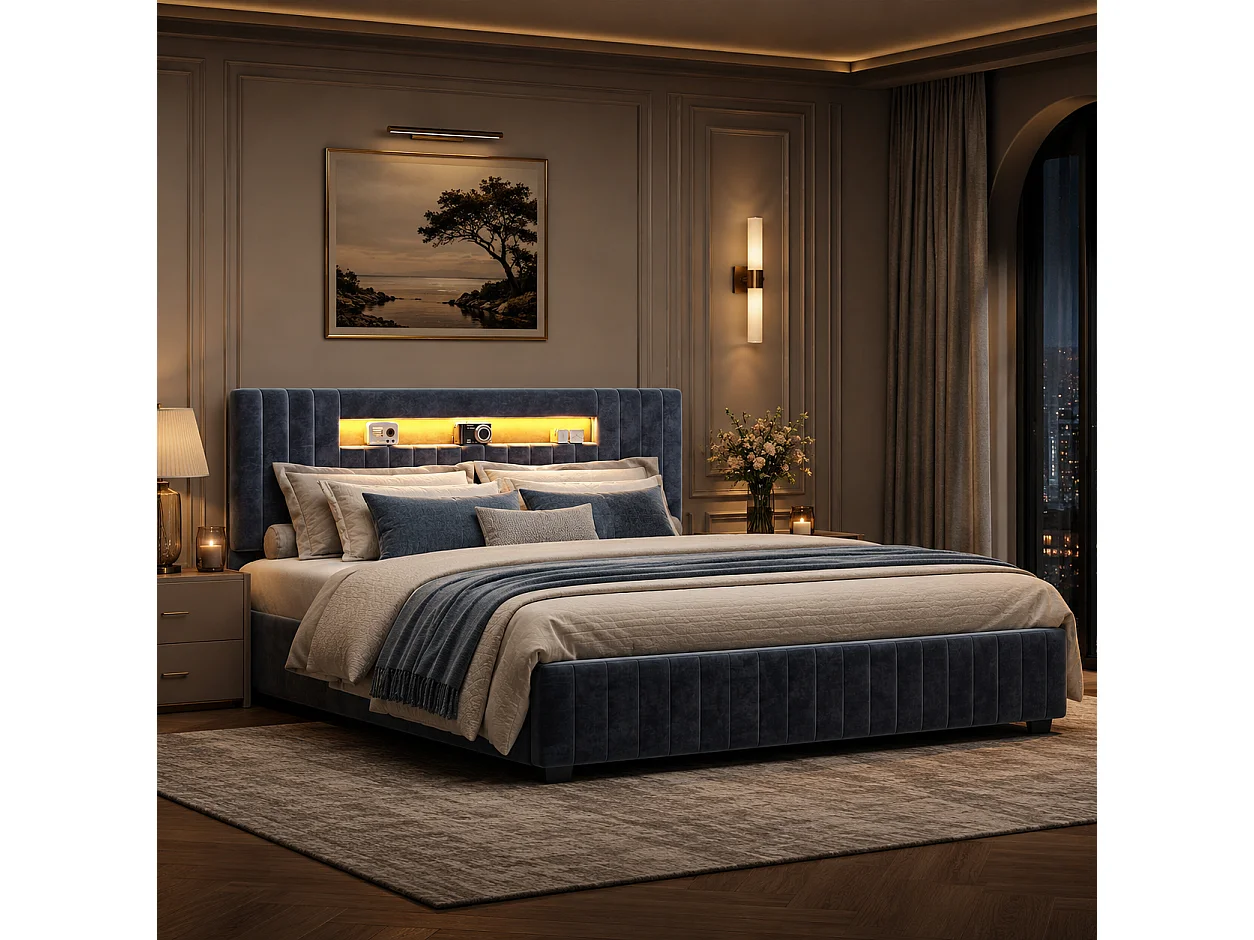 Lit Coffre 140x200 cm, Lit Double avec éclairage LED et Tête de lit avec rangement, sans matelas, pour Adultes et Adolescents, Velours, Gris