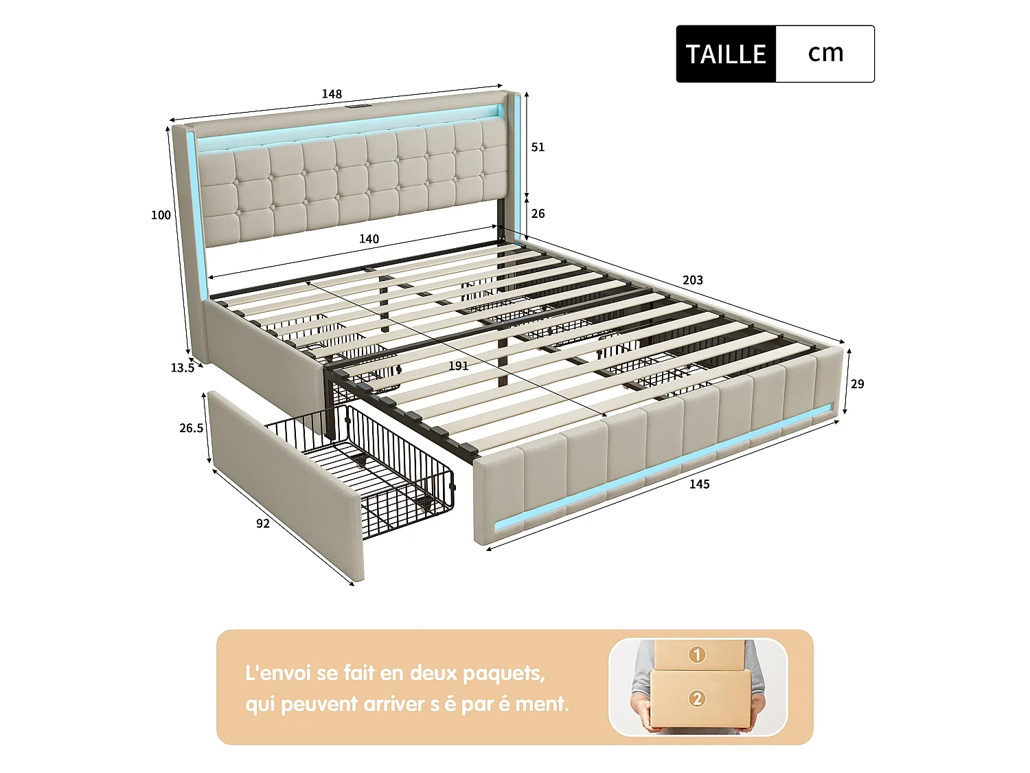 Cadre de Lit 140x190 avec LED et USB - Lit Coffre 140x190 avec 4 Tiroirs Rangement et Tête de lit rembourrée - Lits Double avec Sommier à Lattes - Lin Beige