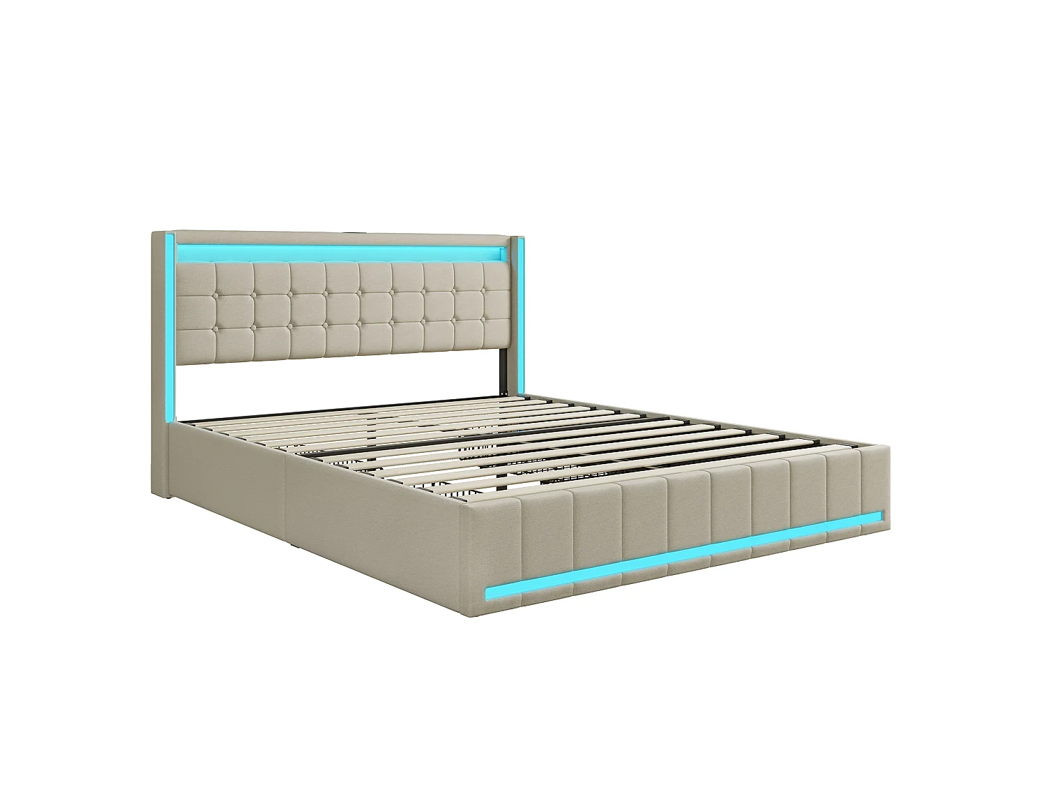 Cadre de Lit 140x190 avec LED et USB - Lit Coffre 140x190 avec 4 Tiroirs Rangement et Tête de lit rembourrée - Lits Double avec Sommier à Lattes - Lin Beige
