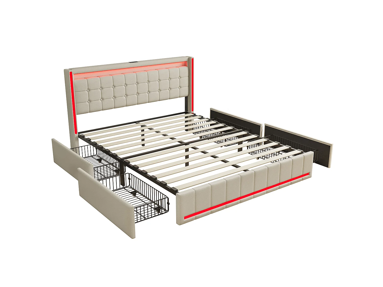 Cadre de Lit 140x190 avec LED et USB - Lit Coffre 140x190 avec 4 Tiroirs Rangement et Tête de lit rembourrée - Lits Double avec Sommier à Lattes - Lin Beige