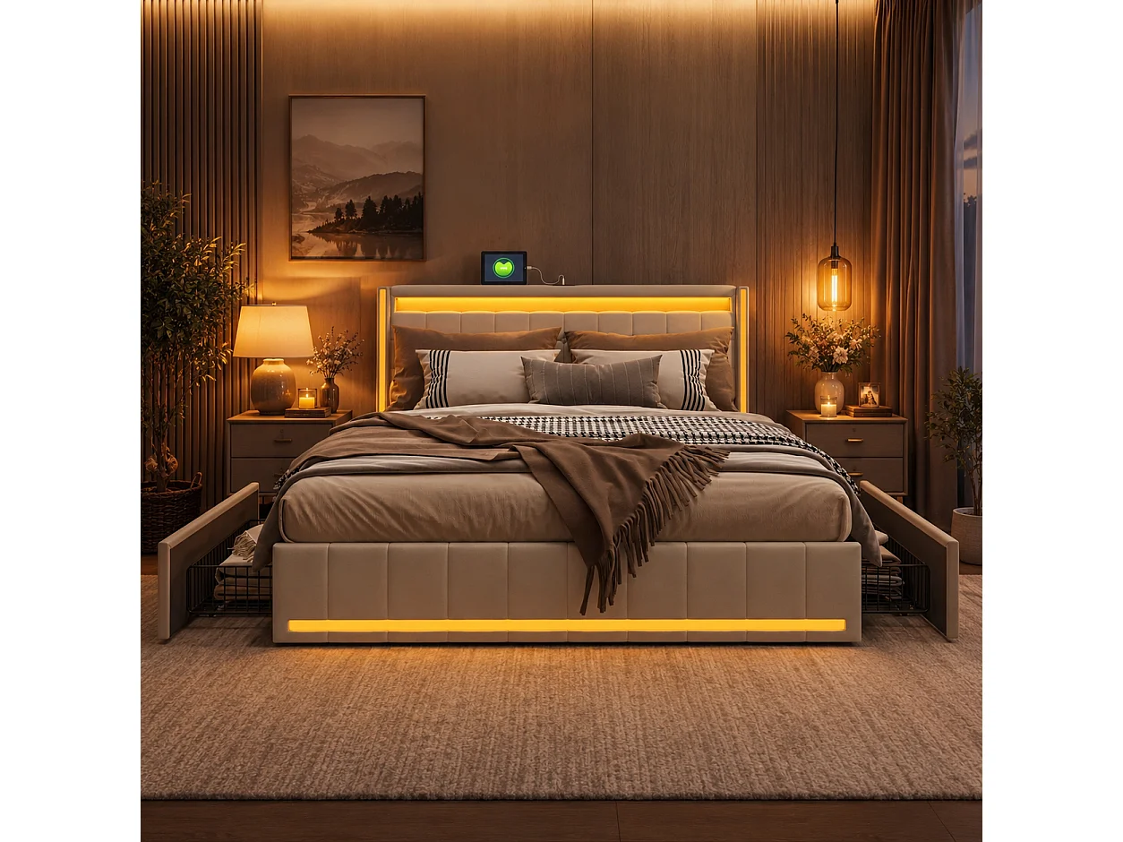 Cadre de Lit 140x190 avec LED et USB - Lit Coffre 140x190 avec 4 Tiroirs Rangement et Tête de lit rembourrée - Lits Double avec Sommier à Lattes - Lin Beige